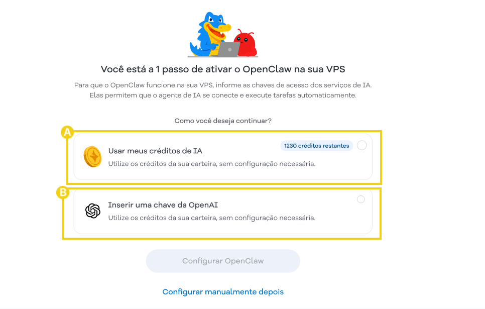 Imagem do Portal do Cliente, na tela de gerenciar servidor, apresentando as opções para utilização de chave de acesso do serviço de IA