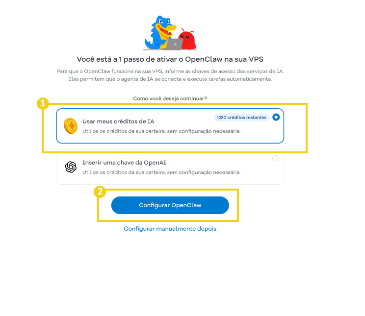Imagem mostra tela de gerenciamento do servidor, mostrando as opções para inserção da chave de acesso dos serviços de IA e as opções de usar créditos de IA ou inserir uma chave da OpenIA 