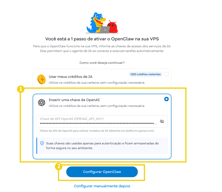 Imagem da tela de configuração do OpenClaw na HostGator, destacando campo para inserção de chave da OpenIA