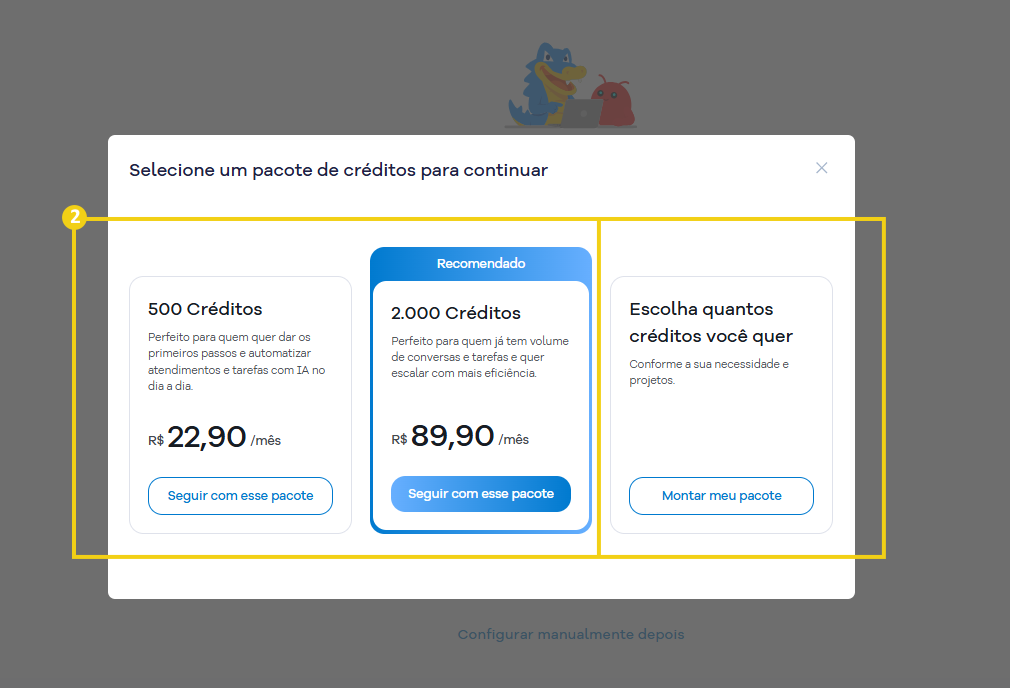 Imagem mostra a oferta de pacotes para contratar os Créditos de IA na VPS OpenClaw