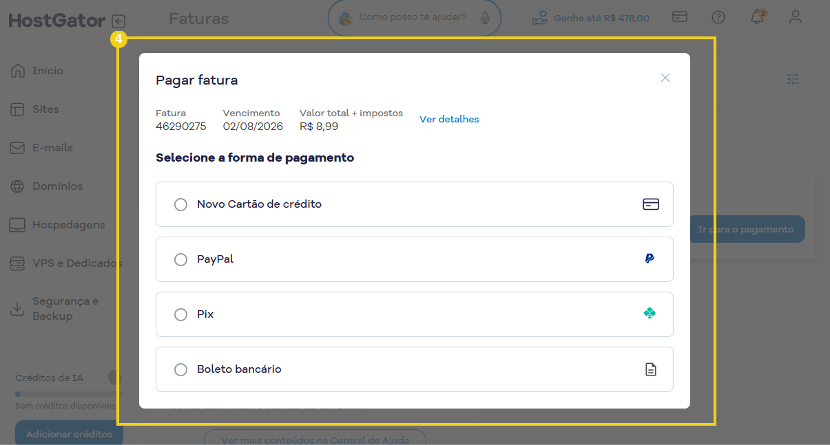 Tela para seleção de forma de pagamento para conclusão da compra