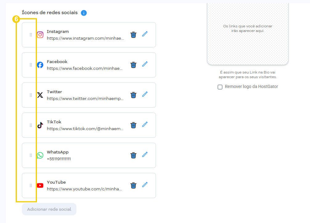 Imagem da tela do Portal do Cliente, na listagem das redes sociais adicionadas, para mudar a posição