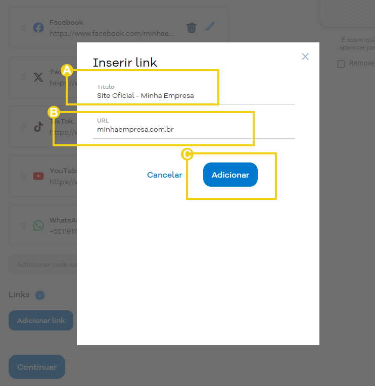 Imagem da tela do Portal do Cliente, na janela que abre para configurar os links externos
