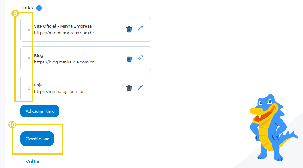 Imagem da tela do Portal do Cliente, na listagem dos links adicionados, para mudar a posição e marcação no botão "Continuar"