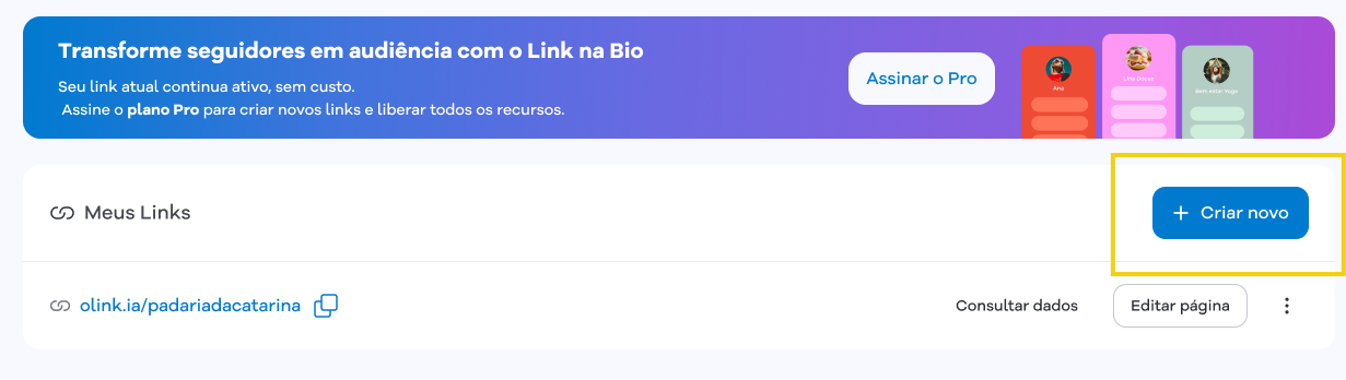 Imagem da tela do Portal do Cliente mostrando o fluxo de acesso a criação do Link na Bio, para quem já tem os links criados gratuitamente