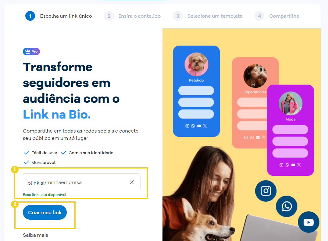 Imagem da tela do Portal do Cliente com marcação no campo para inserir o link e o botão para confirmar a criação