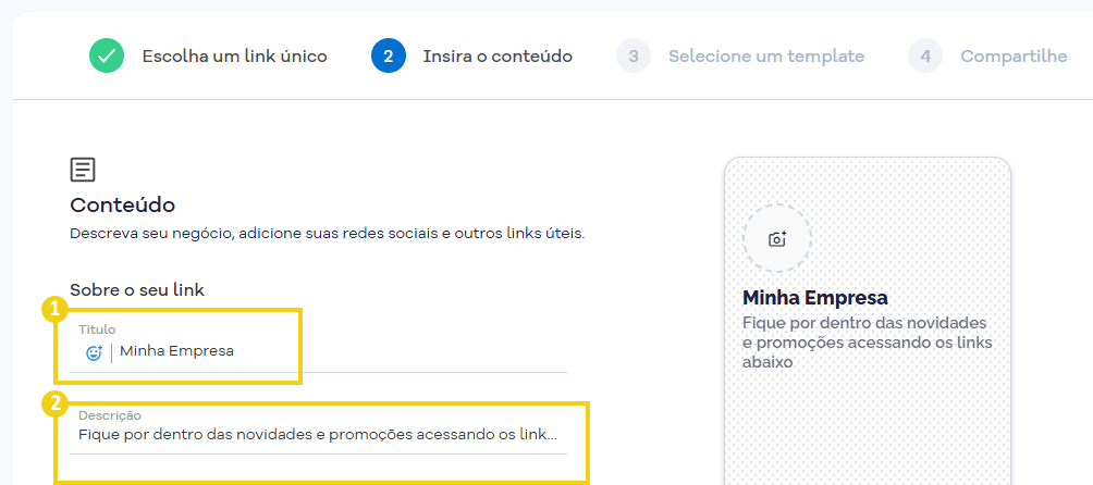 Imagem da tela do Portal do Cliente, na etapa de configuração do conteúdo do Link na Bio
