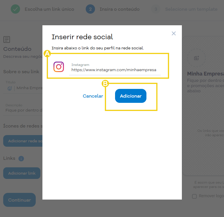 Imagem da tela do Portal do Cliente, na janela que abre para configurar a rede social 