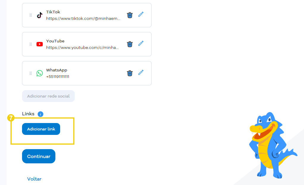 Imagem da tela do Portal do Cliente, na etapa de configuração do conteúdo do Link na Bio, com marcação no botão para adicionar os links externos
