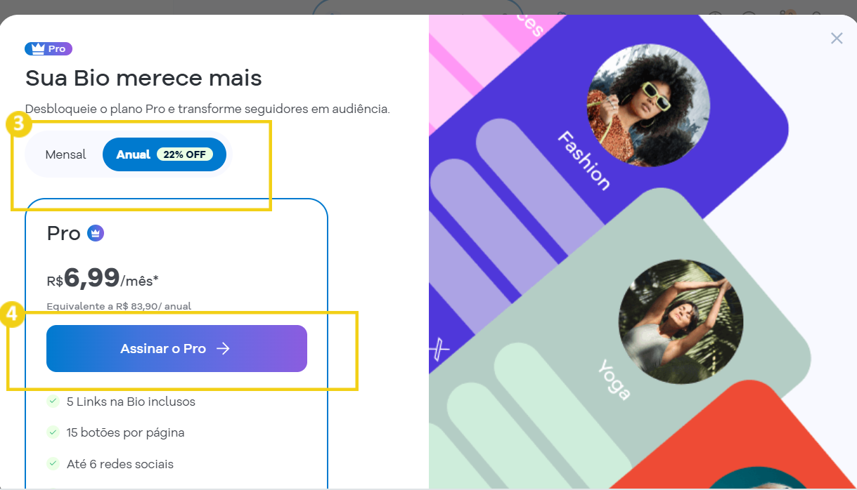 Na tela "Sua bio merece mais" destaca os ciclos de pagamento disponível e botão para assinar