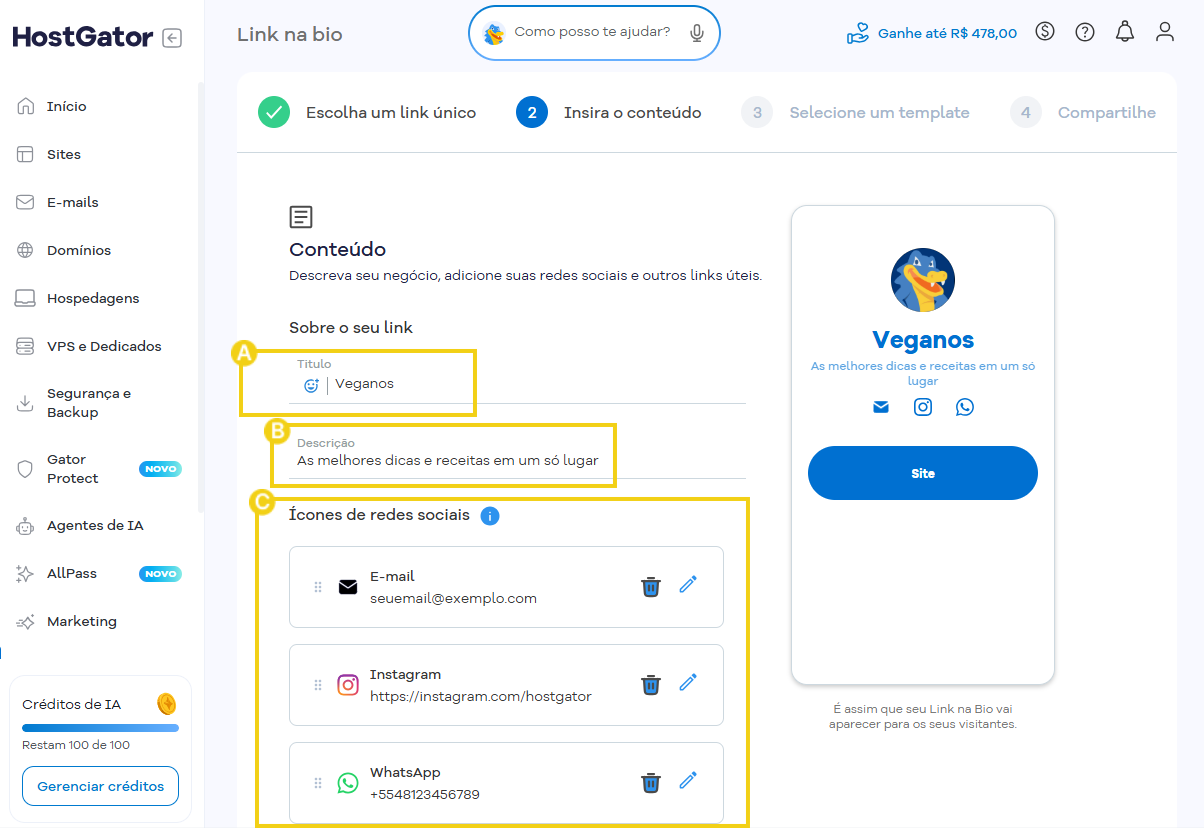 Imagem representa a área de gerenciamento de configurações do Link na Bio