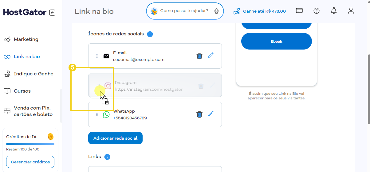 Imagem representando o ícone de 6 pontos para reordenar conteúdo