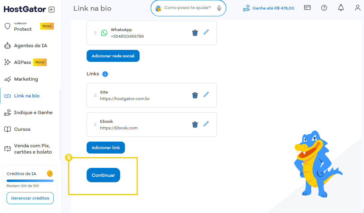 Imagem destaca botão "Continuar" para seguir para a próxima etapa de configuração