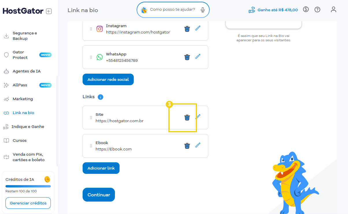 Imagem destaca ícone de lixeira para exclusão de link