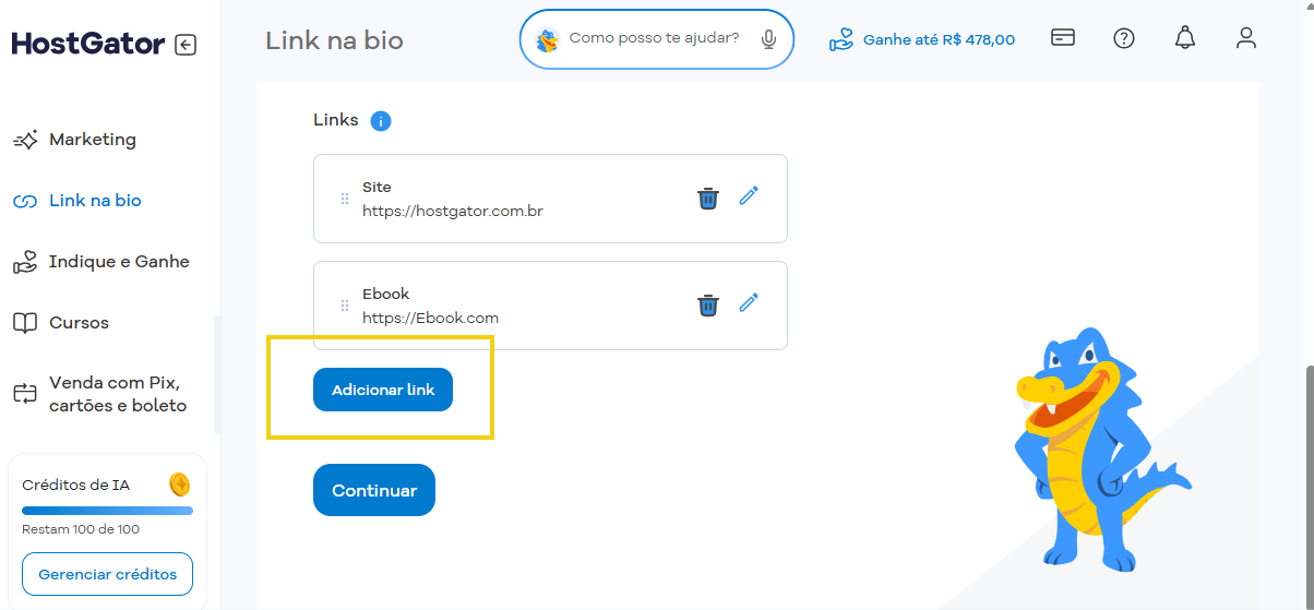 Imagem destaca campo "adicionar link"