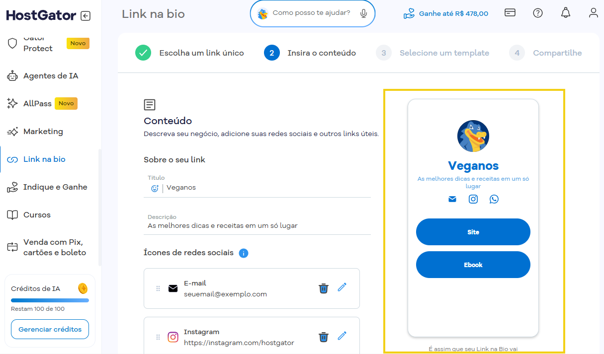 Imagem destaca a área de pré-visualização do Link na Bio