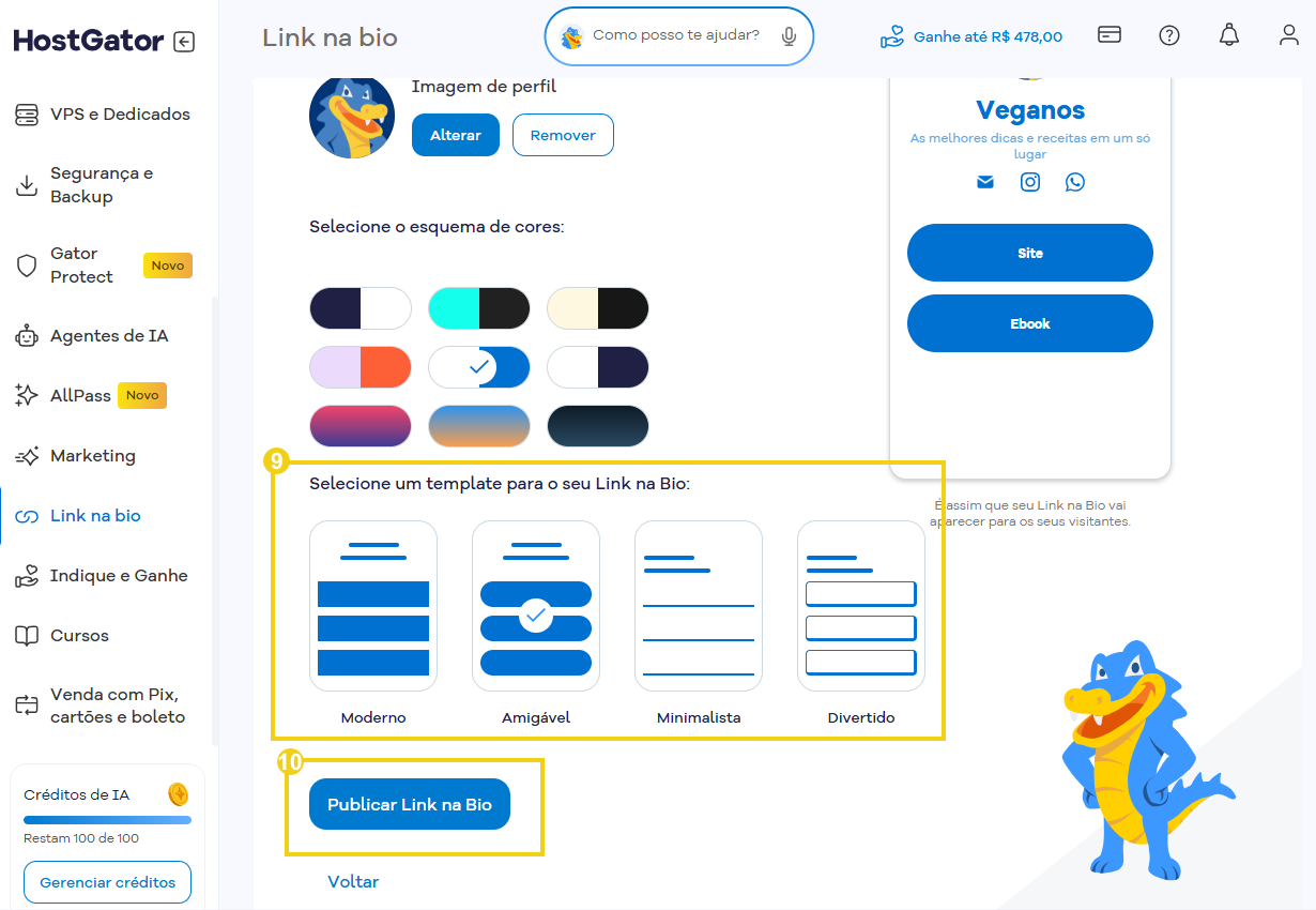 Imagem do gerenciamento do link na Bio, destacando campo templates para seleção