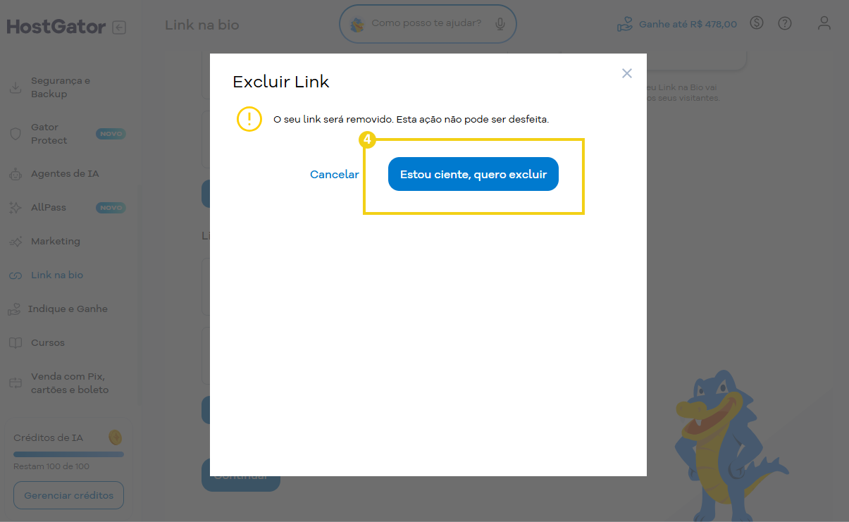 Imagem destaca botão para confirmar exclusão de link