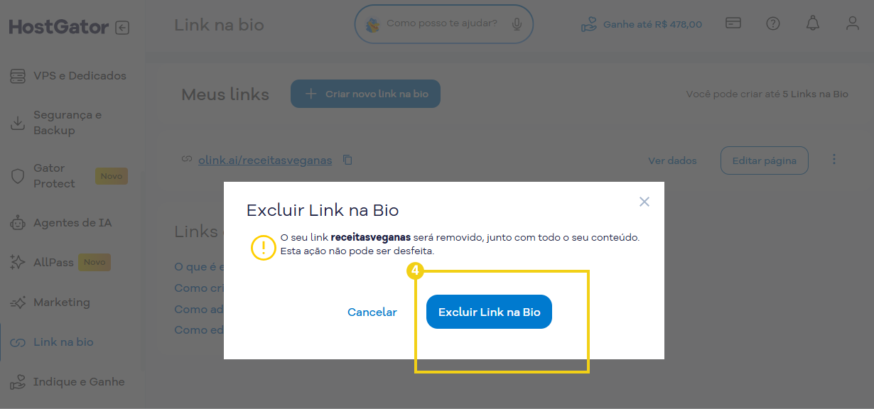 Imagem destaca botão para confirmar exclusão de link