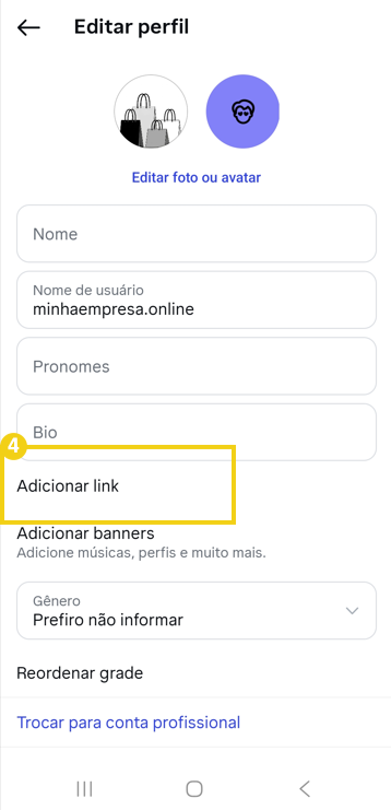 Imagem mostra tela de gerenciamento de perfil do Instagram, destacando a opção "Adicionar Link"