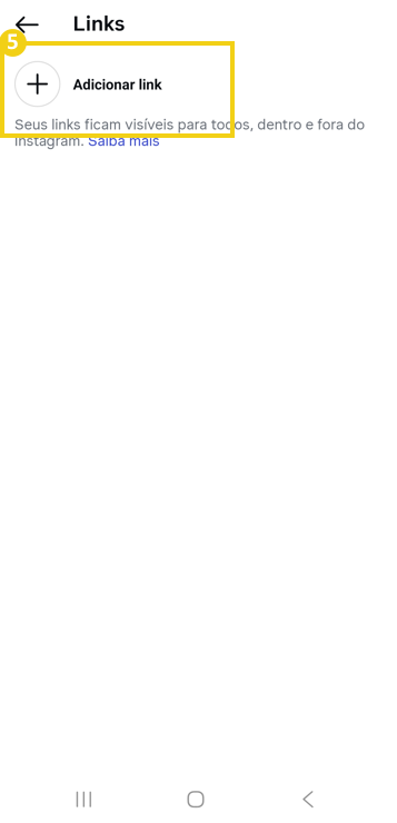 Imagem mostra tela de gerenciamento de links do Instagram, destacando a opção "Adicionar link"