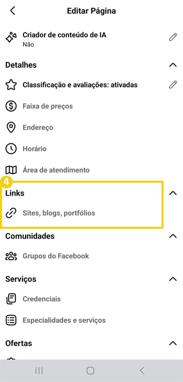 Imagem da tela de edição de links do Facebook, destacando opção "Sites, blogs, portifólios"