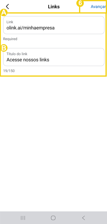 Tela de gerenciamento de links do Facebook, destacando os campos para inserir o link e título
