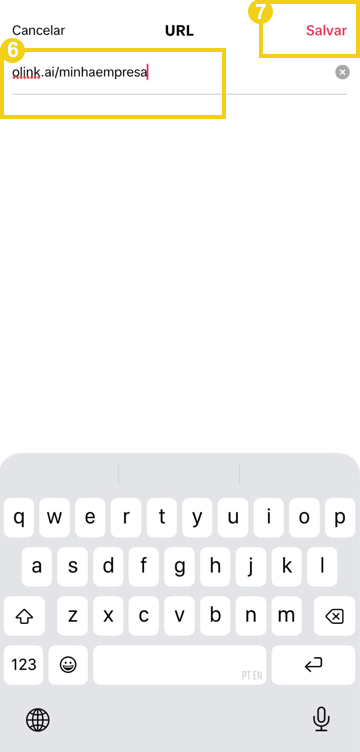 Tela de gerenciamento de links do TikTok mostrando campo "site" e opção "salvar"