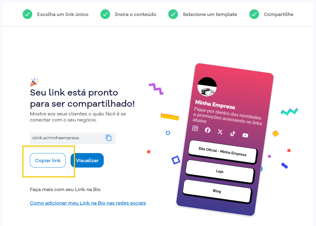Imagem mostra tela de configuração do Link na Bio do Portal do Cliente, destacando a opção "copiar link"