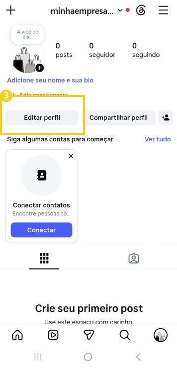 Imagem mostra tela do Instagram, com perfil aberto e destacando a opção 'Editar perfil"