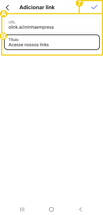 Na tela de "Adicionar link" do Instagram, destacando os campos "URL, Título e ícone para salvar