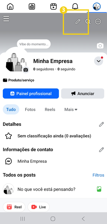 Imagem da tela de gerenciamento de perfil do Facebook, destacando o ícone de lápis