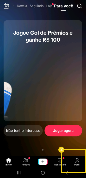 Imagem mostra a tela inicial do TikTok com a marcação em "Perfil"