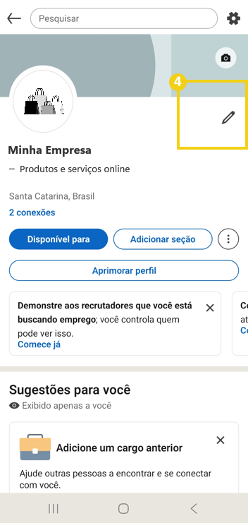 Imagem mostra tela do perfil do Linkedin aberto, dando destaque ao ícone de lápis para edição