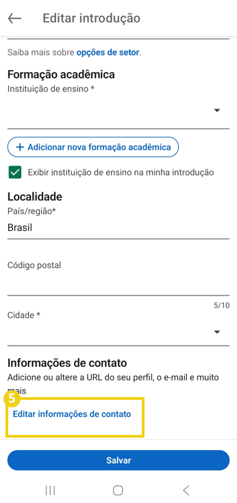 Tela de gerenciamento de perfil do linkedin, destacando opção "Editar informações de contato"