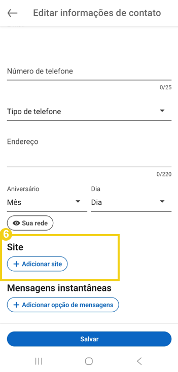 Tela de perfil do Linkedin, destacando campo "Site" e opção "+ adicionar site"