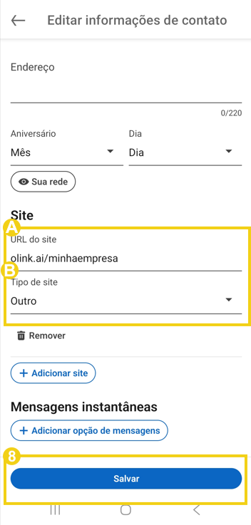Tela de perfil do Linkedin, destacando campo "Site" e "URL do site, seguido da opção para "Salvar"