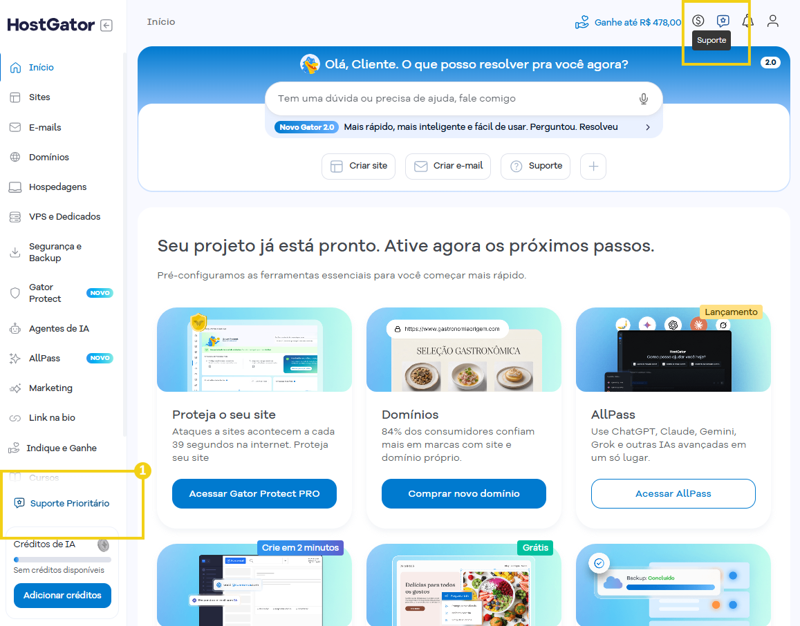 Imagem mostra a tela do Portal do Cliente com as opções para acessar o Suporte Prioritário
