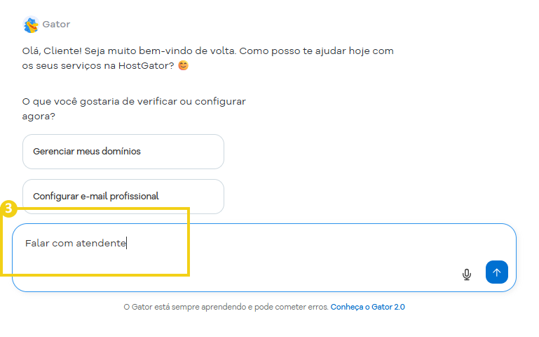 Imagem mostra a conversa com o Gator com a informação que deseja falar com atendente
