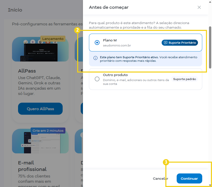 Imagem mostra a tela para selecionar o plano que possui o serviço do Suporte prioritário