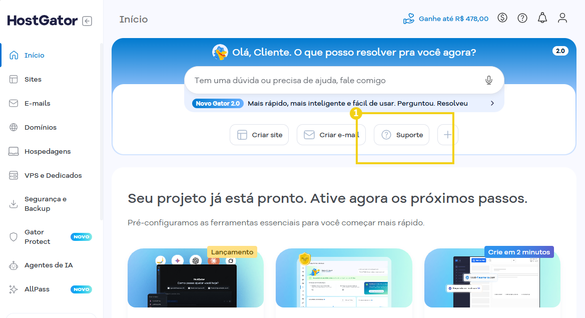 Imagem mostra tela do Portal do Cliente HostGator, com destaque na opção “Suporte” 