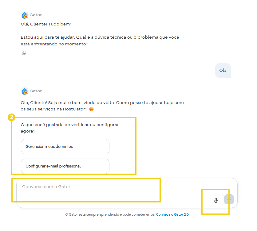 Imagem mostra tela de diagnóstico do  Gator com informações sobre a conta. Com destaque no campo de texto e ícone para gravação de áudio