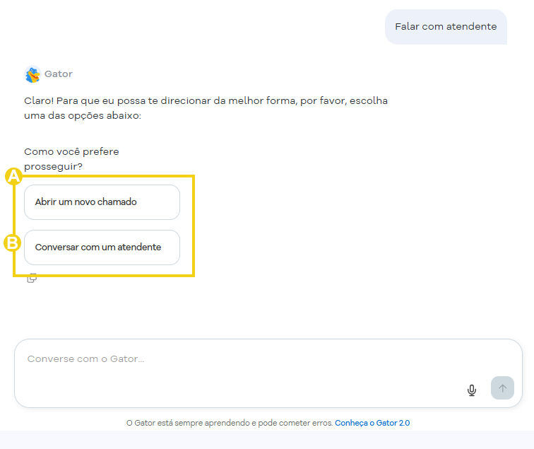 Imagem mostra que após solicitar falar com atendente são mostradas as opções para atendimento por chat ou chamado
