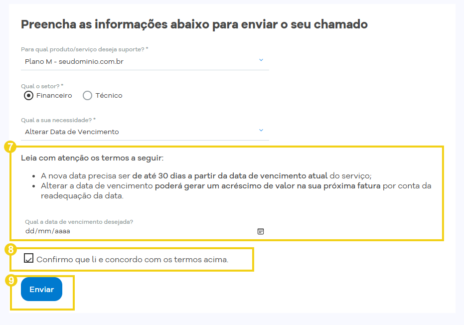 Imagem mostra em destaque os campos necessários para validação e envio do chamado