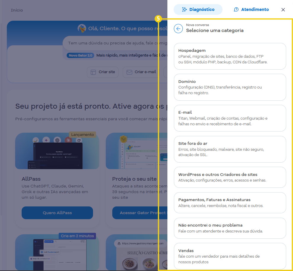 Imagem mostra a tela para selecionar uma categoria de atendimento