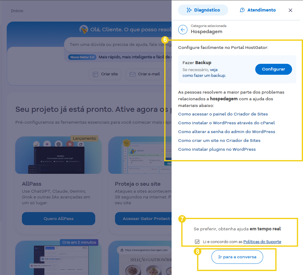 Imagem mostra a tela para escolher um atalho de configuração, material ou seguir para atendimento
