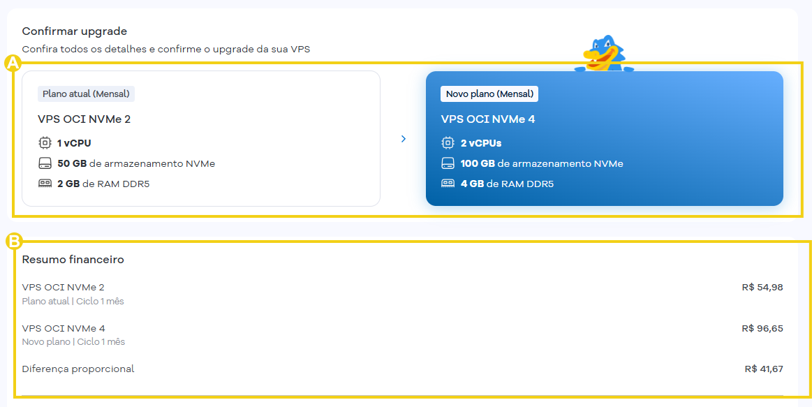 Imagem mostra os detalhes sobre o upgrade, com informações de recursos do plano atual, do novo e o resumo financeiro