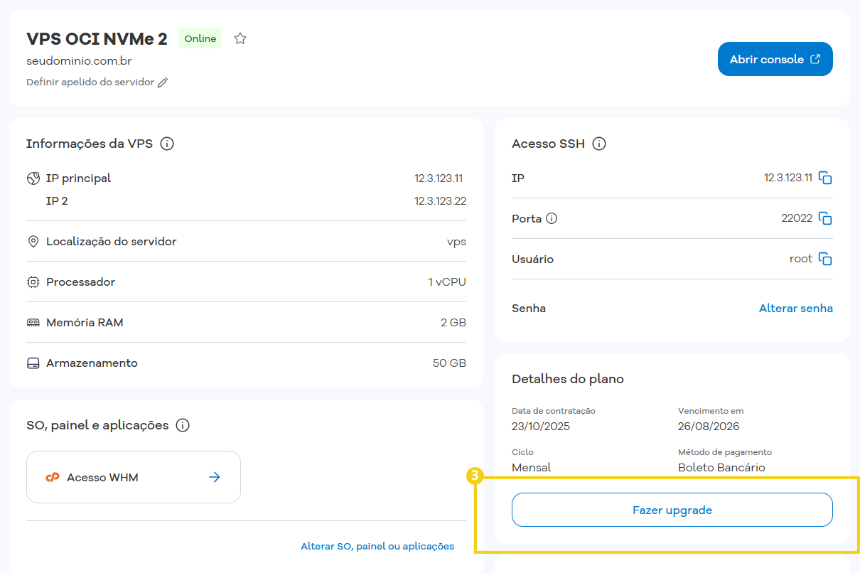 Imagem mostra a tela de gerenciamento do plano VPS e na seção "Detalhes do plano", o botão "Fazer upgrade", que deve ser clicado para acessar essa área
