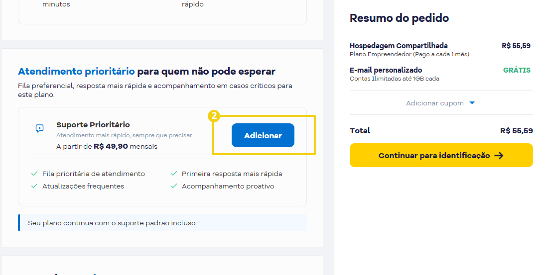 Tela de formulário de compra com seção de atendimento prioritário e opção de adicionar no plano, destacando suporte prioritário, fila preferencial, resumo do pedido e botão para continuar para identificação.