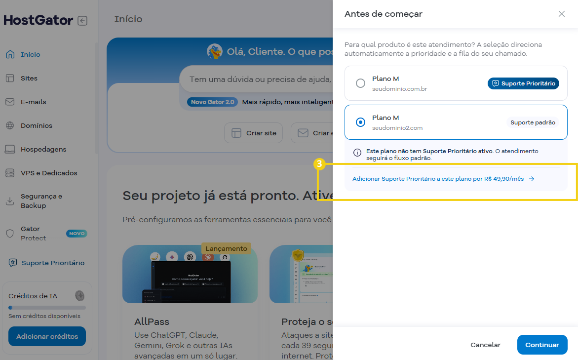 Tela do painel da HostGator mostrando a seleção do plano de hospedagem e a opção de adicionar suporte prioritário, com detalhes de atendimento.